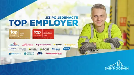 Propagační grafika Saint‑Gobain s postavou v pracovním oblečení opřenou o kartonovou krabici. Vlevo jsou uvedena ocenění Top Employer Global 2026 a Top Employer Česká republika 2026, pod nimi loga jednotlivých značek skupiny. Vpravo dole je logo Saint‑Gobain.