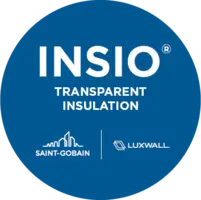 Modré kruhové logo s nápisem INSIO Transparent Insulation a spodními logy Saint‑Gobain a Luxwall.
