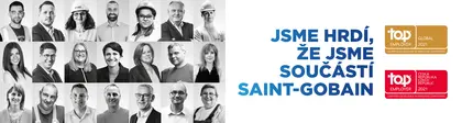 Koláž portrétů zaměstnanců uspořádaných v mřížce vedle modrého nápisu Jsme hrdí, že jsme součástí Saint‑Gobain. Vpravo jsou umístěna ocenění Top Employer Global 2021 a Top Employer Česká republika 2021.
